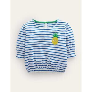 Boden NWT Embroidered Towelling Top Cabana Blue Stripe Pineapple Size 2-3